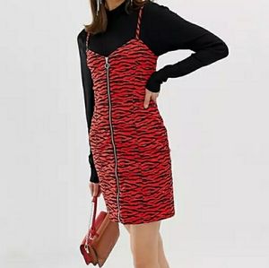 Red tiger print 90s punk rock zipper pencil dress